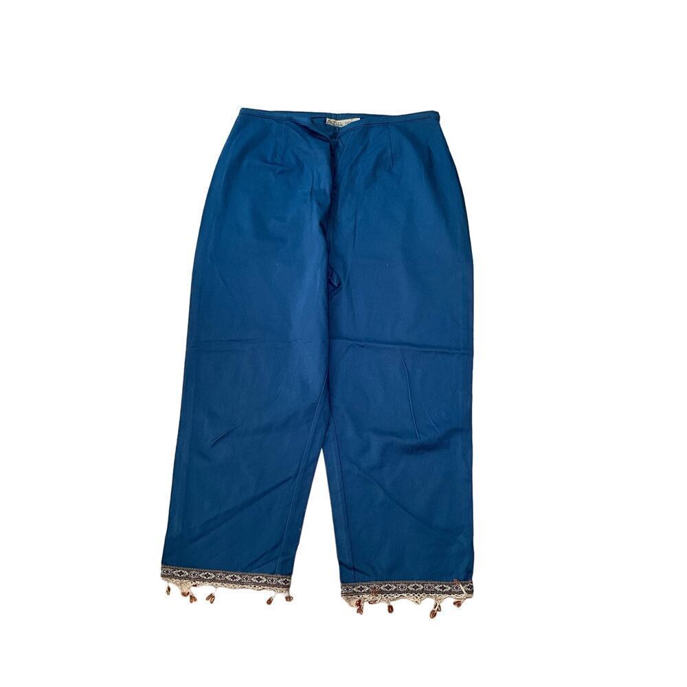 St John's‎ Bay Capri Pant Women's 14 Blue Stretch Beaded Lace Hem Pull-On Cotton